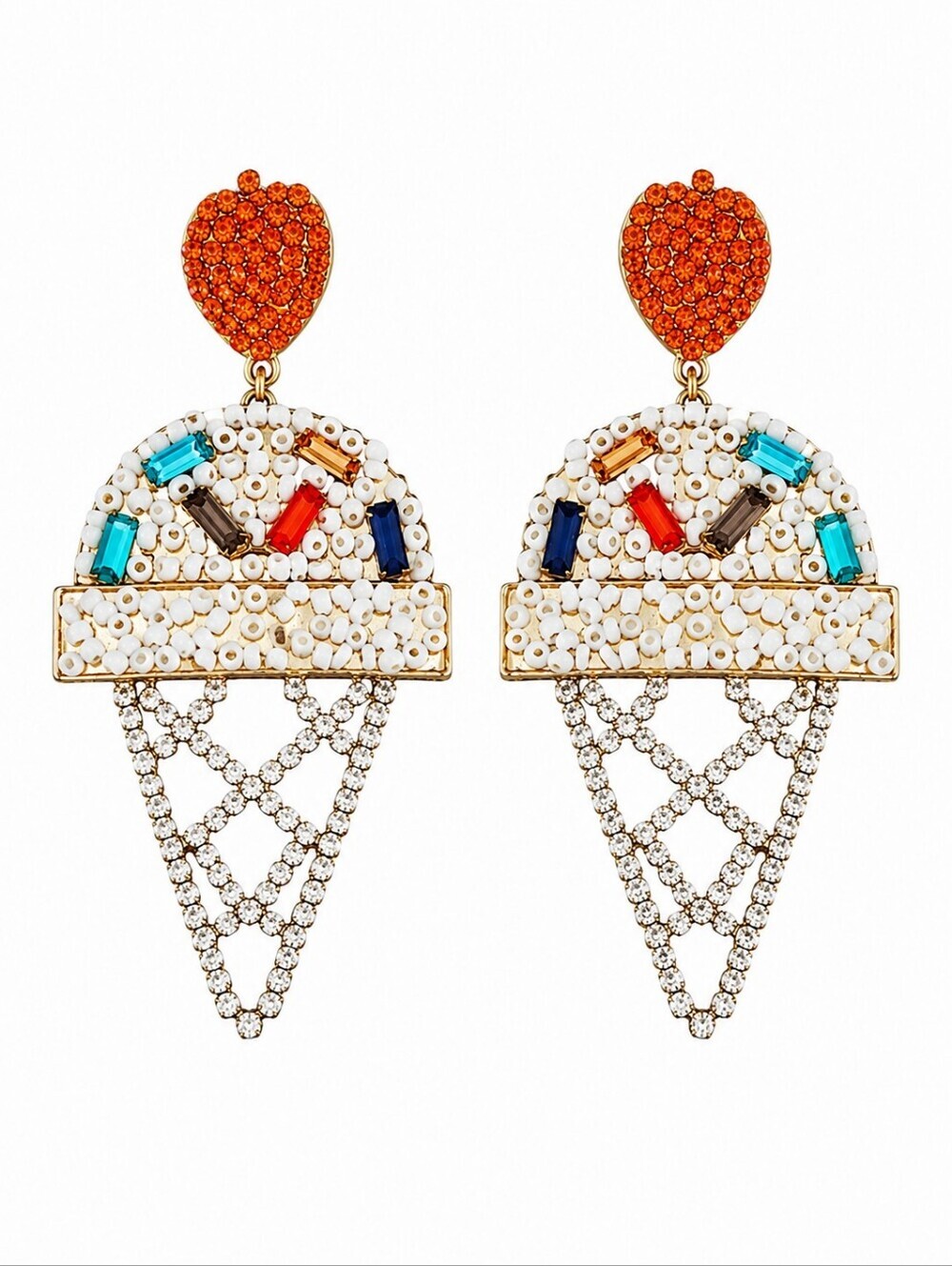 Large Beaded Rhinestone Paved Ice Cream Cone Earrings
